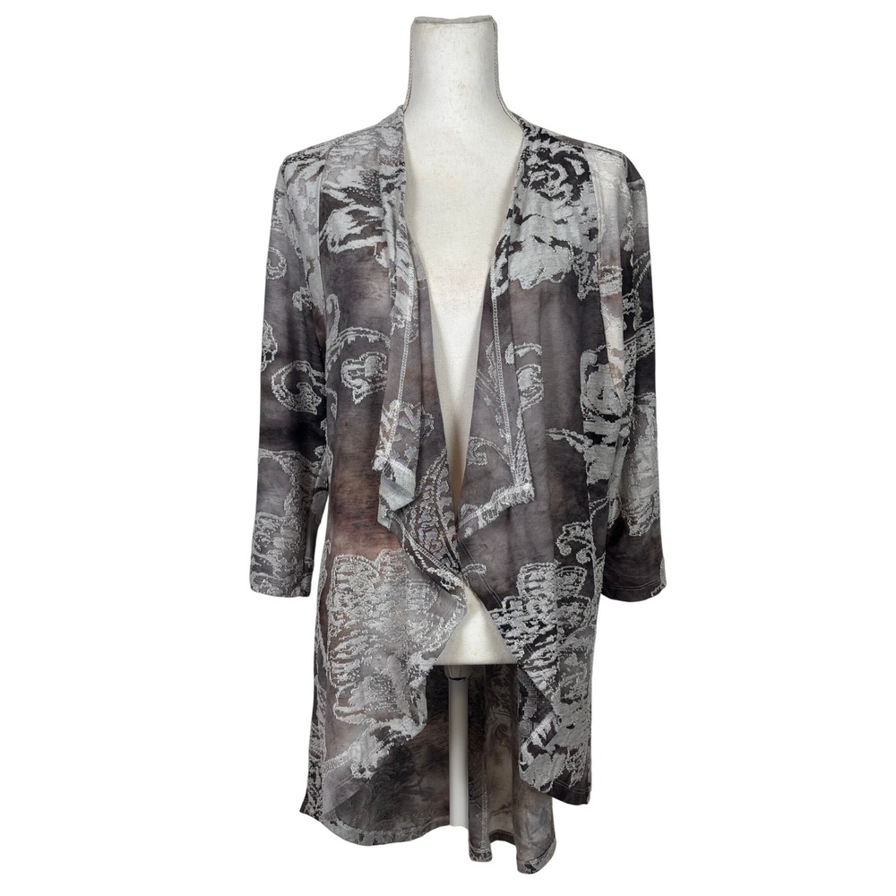 Fantazia Cardigan Women L Grey Floral Burnout Waterfall Draped Open Front Boho